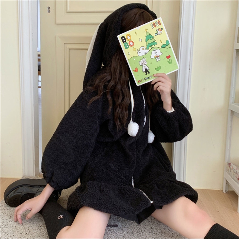 Veste d'hiver à capuche pour femme, Cardigan à manches longues, duveteux, Harajuku, Kawaii, oreilles de lapin, fermeture éclair, manteau en peluche, vêtements chauds à volants, 2021