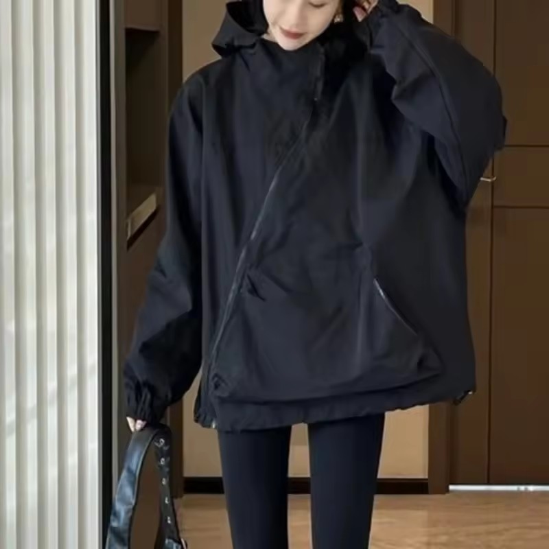 Mode femmes vestes à capuche diagonale fermeture éclair conception Vintage automne Baggy BF loisirs de plein air tout-match Chaqueta Mujer