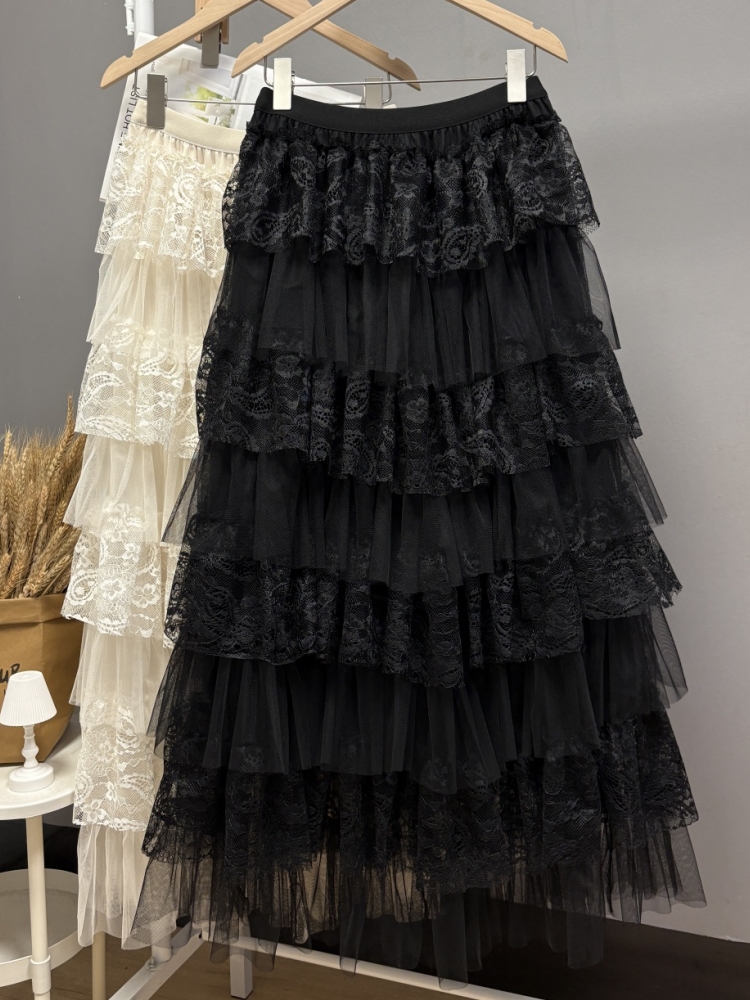 Maxi jupe longue femmes Crochet dentelle jupe 2025 Goth Lolita printemps été taille haute haut bas froncé à volants jupes plissées rok