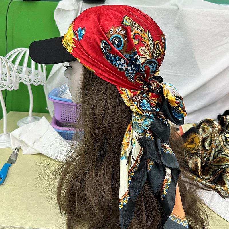 Chapeau foulard en soie satinée pour vacances, avec bord imprimé, chapeau de soleil et bandeau, écharpe carrée élégante 2 en 1