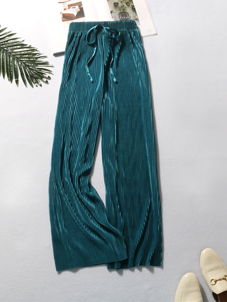 Pantalon d'été à jambes larges pour femmes, décontracté, élastique, taille haute, nouvelle mode, adt, long, plissé, fjFemme, 2020
