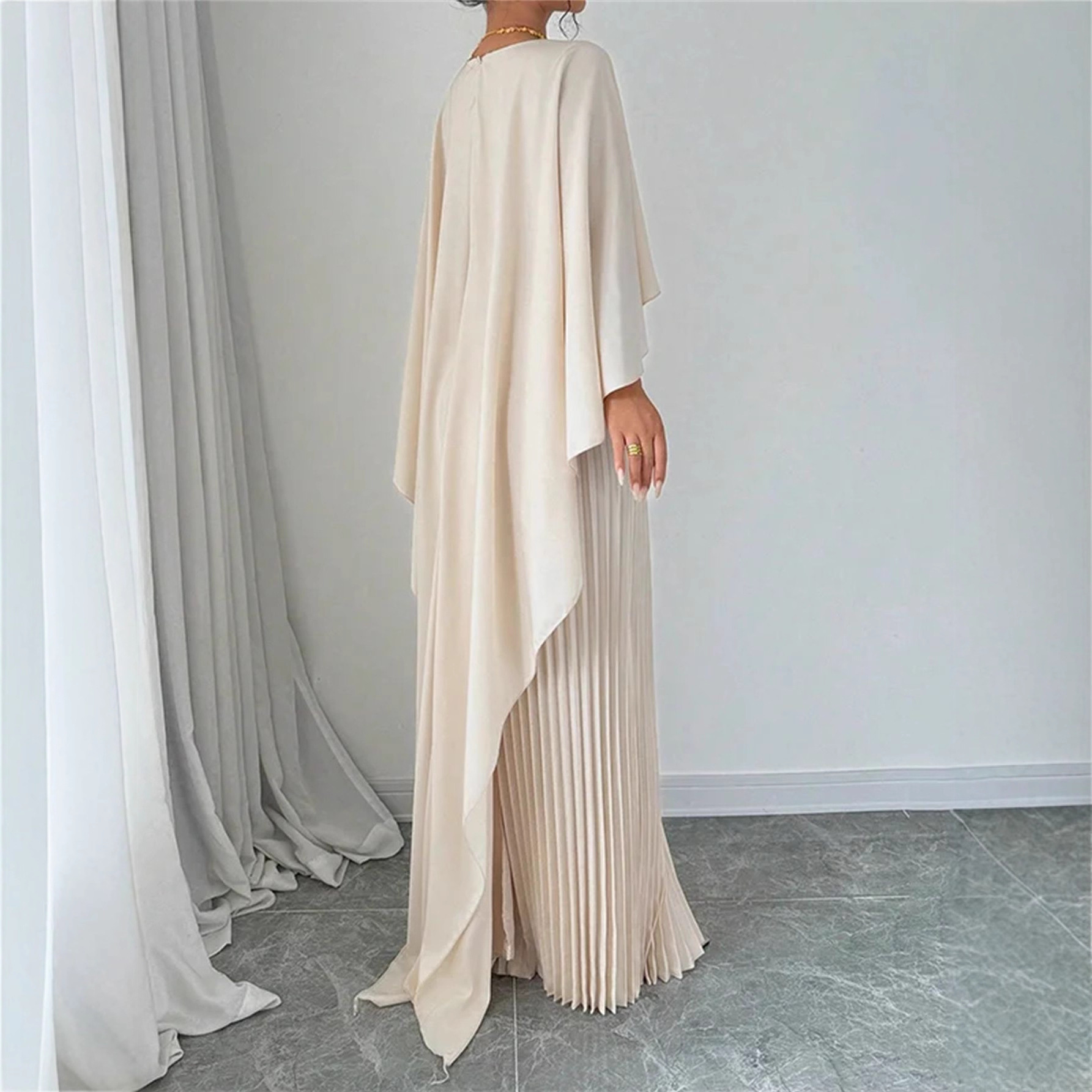 Robe longue plissée à manches cape pour femme, col rond, élégante, robe de soirée formelle
