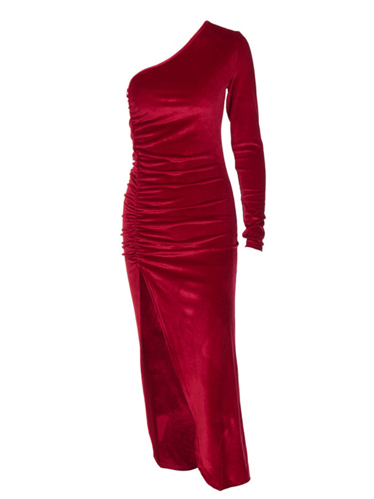 Robe de soirée en velours pour femmes, élégante, manches longues, moulante, fendue, crayon, mi-longue, vêtements de printemps et d'automne