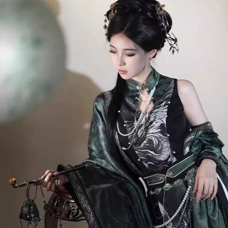 Hanfu – Costume Original de Style chinois pour femmes, éléments Han imprimés, pantalons de chanson, costumes de Cosplay d'halloween, vert noirâtre, COS, nouvelle collection