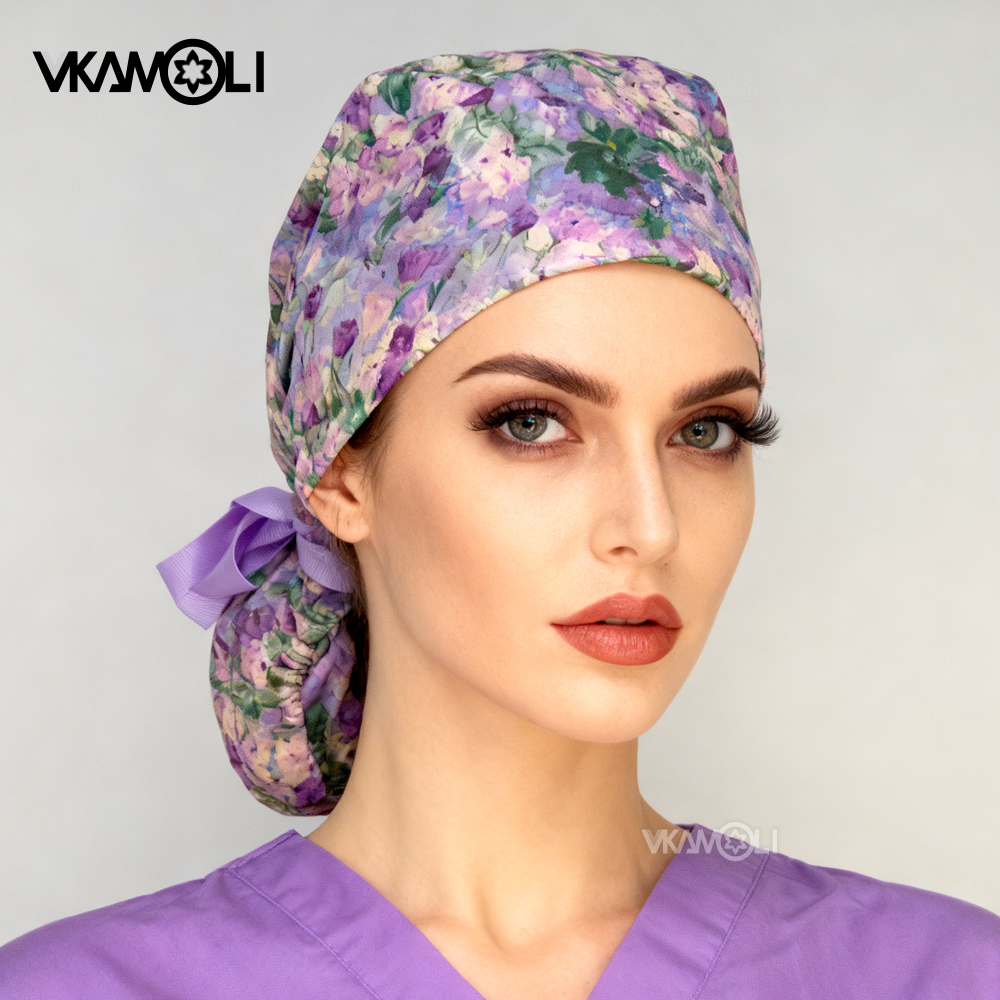 Casquette chirurgicale à cheveux longs imprimés de fleurs, avec doublure en satin, casquette de médecin et d'infirmière, chapeau de gommage pour dames