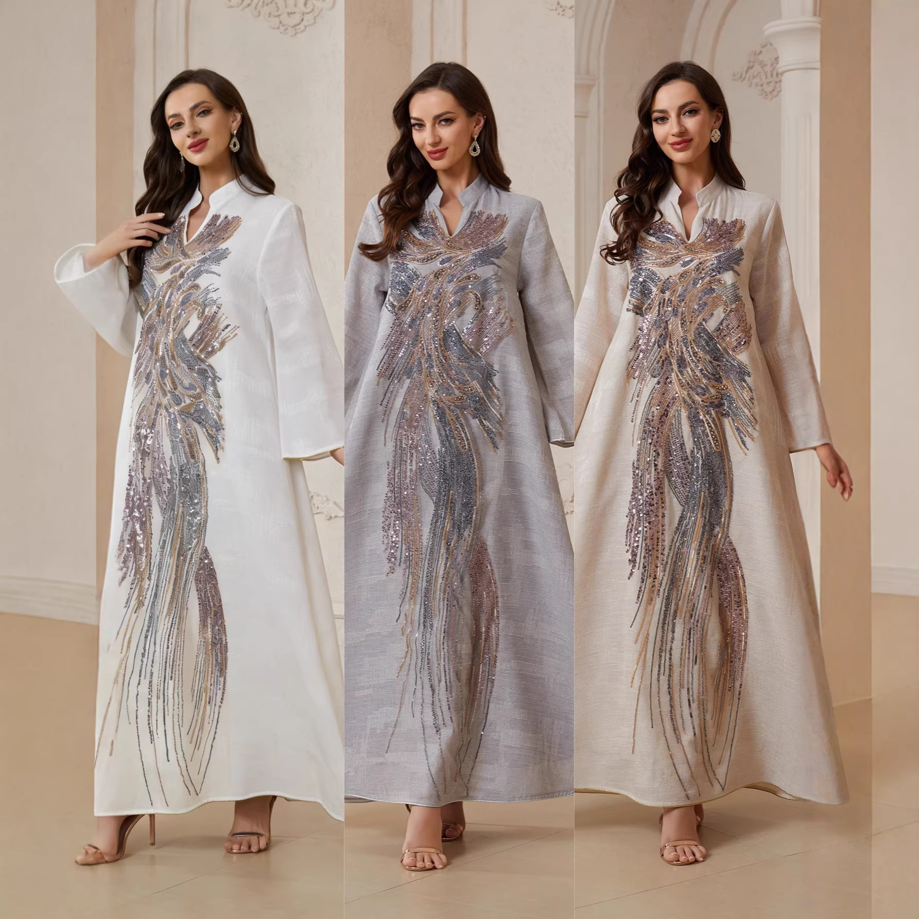 Robe Abaya pour femme, style Eid, en maille à sequins, longue, style Dubaï, Kaftan, Robe arabe, Caftan de fête, Jalabiya, Ramadan 2026