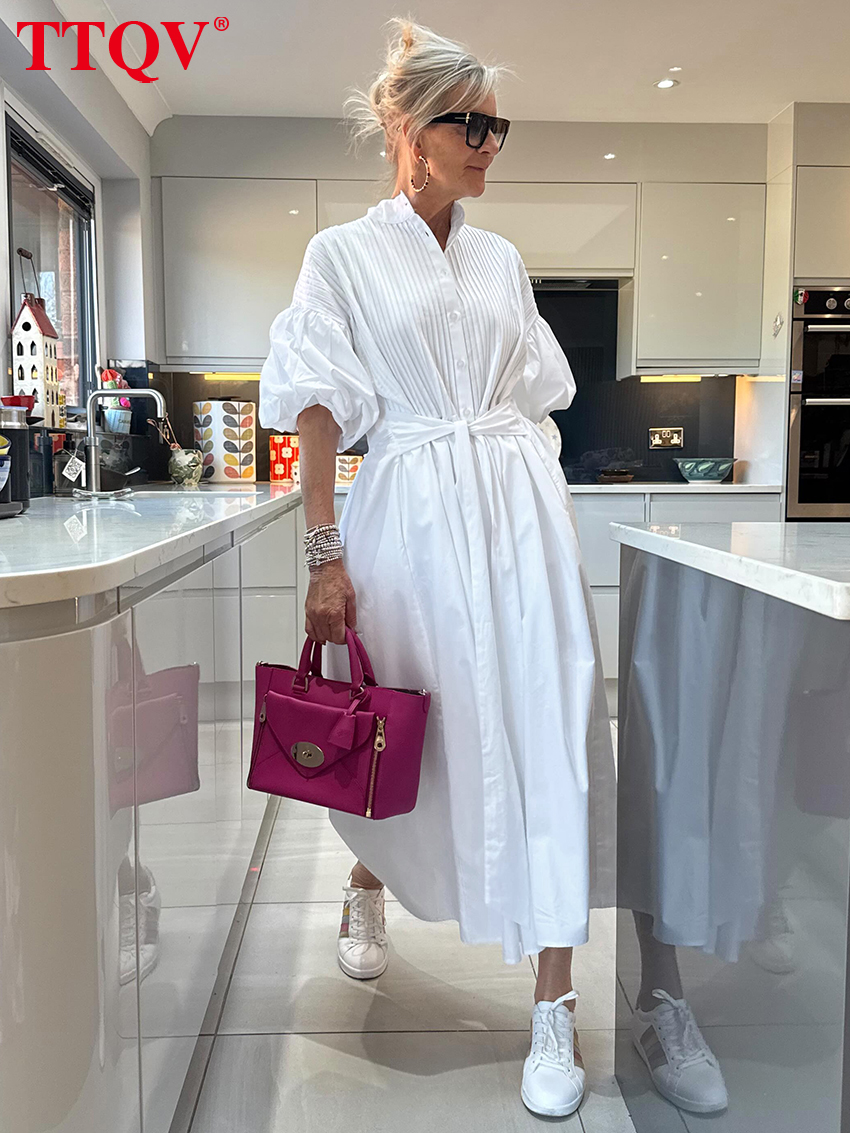 Robe décontractée en coton blanc ample pour femme TTQV, col montant, manches mi-longues, robe midi élégante classique à lacets pour femme