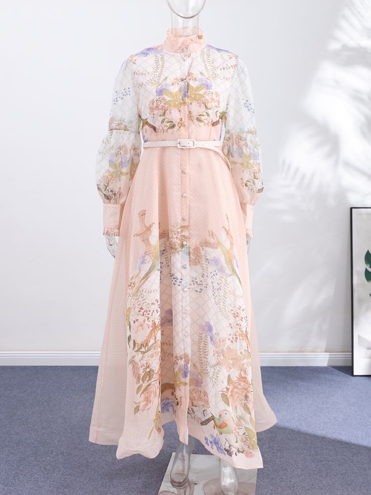 Robe drapée élégante pour femme à col semi-montant, manches amples, imprimé dentelle, simple boutonnage, avec ceinture, collection été 2026