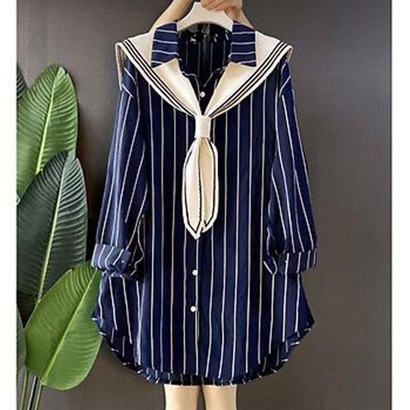 Chemisiers à col rabattu pour femmes, écharpe imprimée rayée, chemise patchwork, vêtements décontractés à simple boutonnage, mode féminine, automne