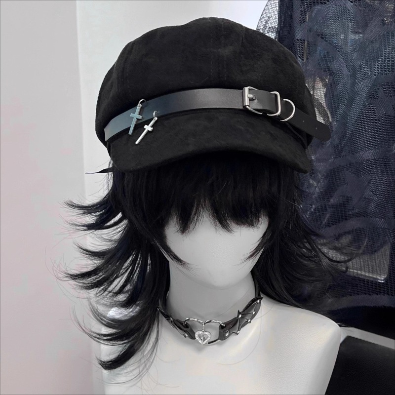 Béret de sous-culture Harajuku pour femmes, décor en cuir noir, boucle en métal, casquette gothique Punk Rock unisexe Y2K, bérets de peintre, chapeaux d'automne