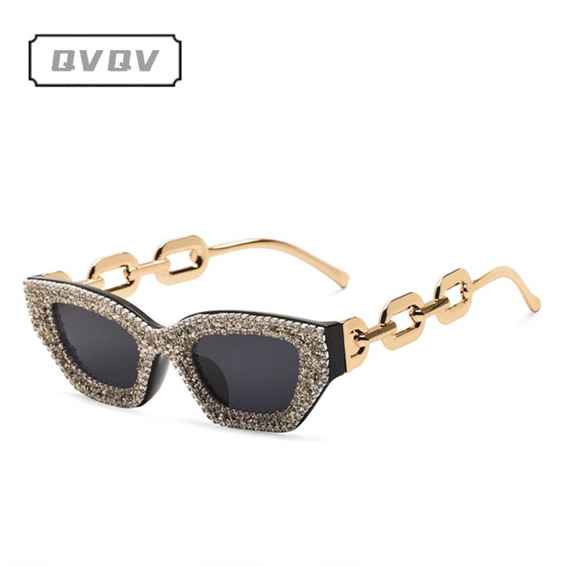 Lunettes de soleil œil de chat pour femmes avec chaîne dorée, design de marque de luxe, verres effet diamant brisé, tendance pour les soirées et la conduite