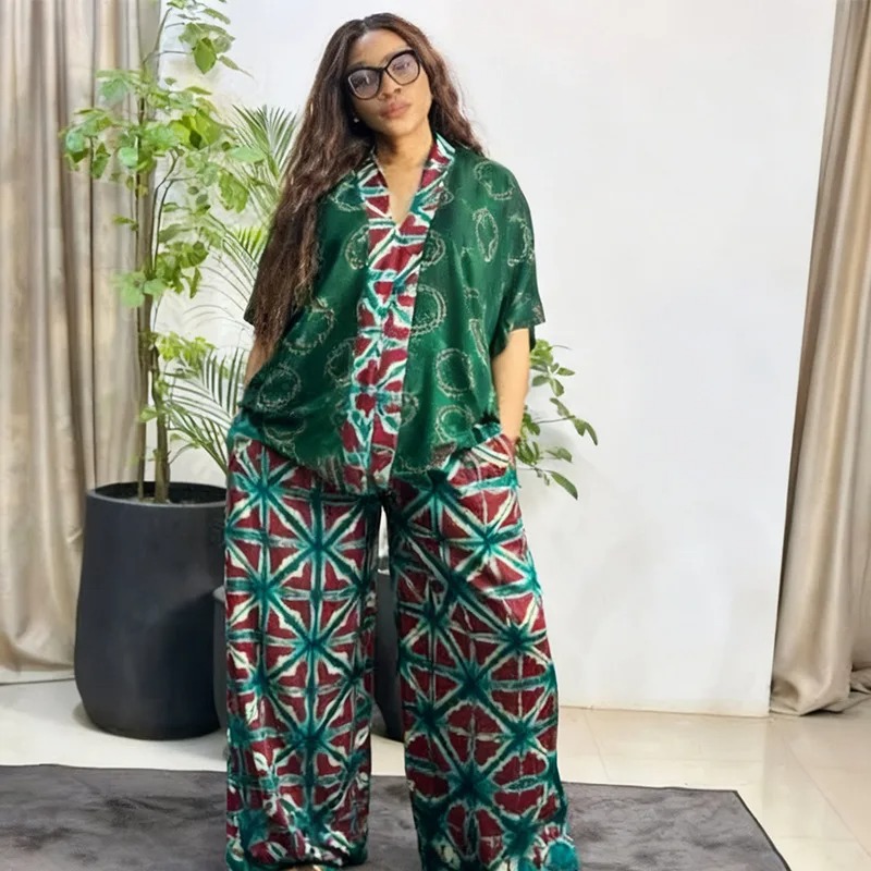 Ensemble de vêtements africains 2 pièces pour femmes, mode estivale, haut à manches courtes et col en V, pantalon long assorti, Dashiki, vêtements africains