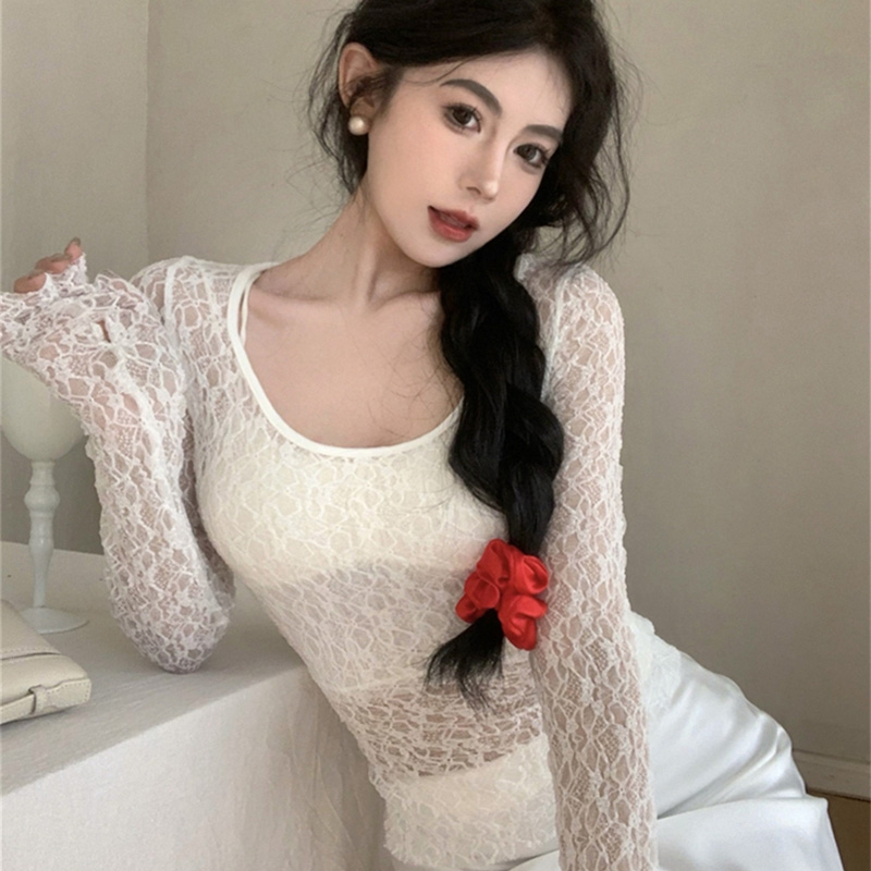 T-shirt court en résille à manches longues pour femmes, corset en dentelle polyvalent, vêtements de créateurs sexy, voir à travers la mode, t-shirts pour femmes, 2024