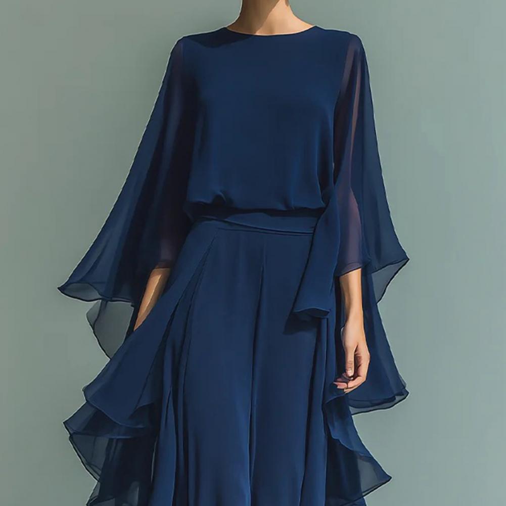 Ensemble deux pièces pour femme, haut et pantalon, coupe ample décontractée, chemise à manches cloche à volants, couleur unie, pantalon à jambes larges