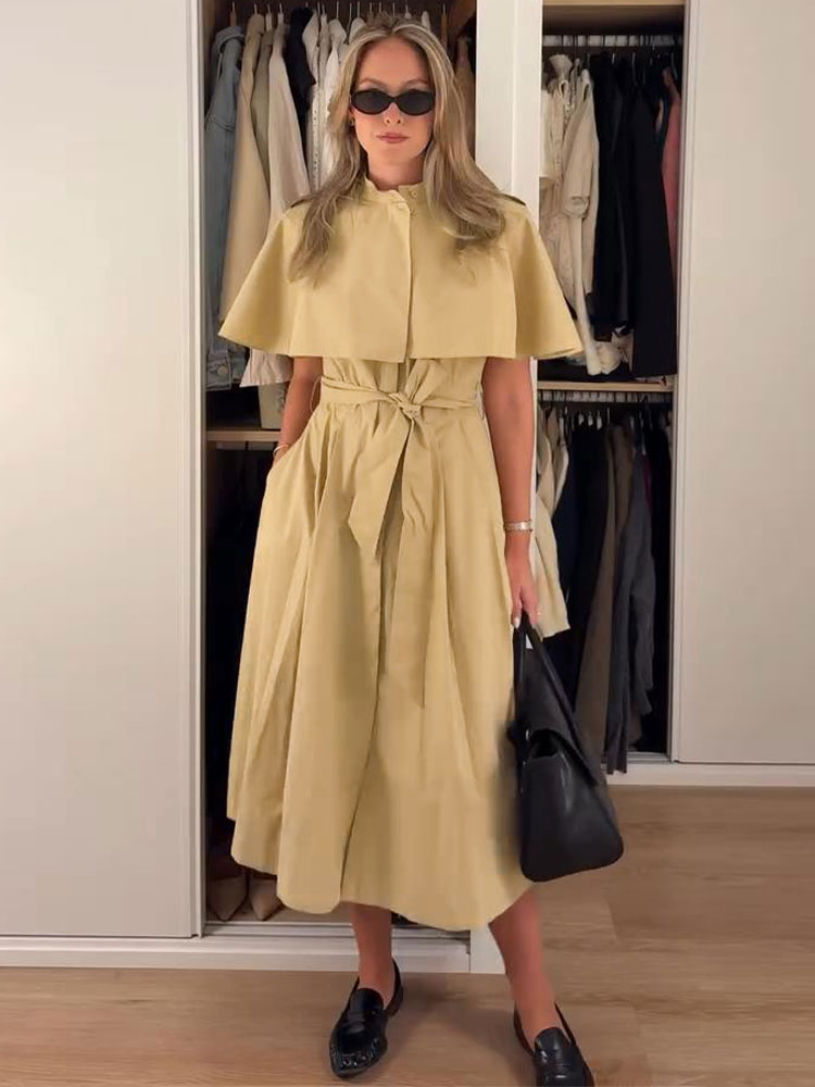 Robe midi à col cape pour femme, couleur kaki, col montant, taille ceinturée, manches courtes, coupe trapèze, nouvelle collection 2026, robes longues élégantes pour le bureau et les occasions décontractées