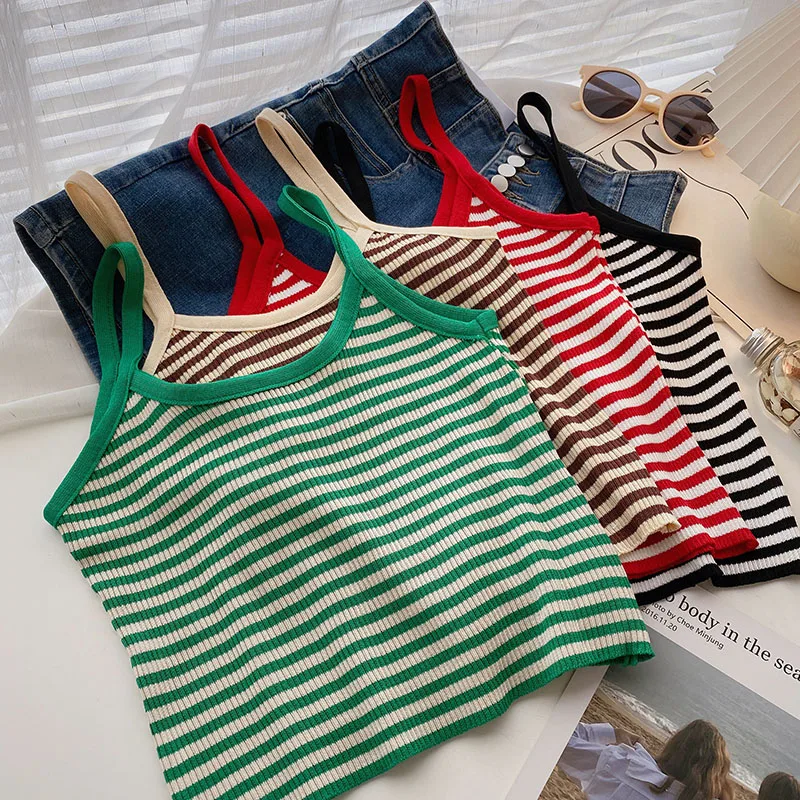 Femmes décontracté blanc et vert rayé tricoté haut court corée col rond Cami femme Multi couleur en option rayé tricoté débardeur 2025