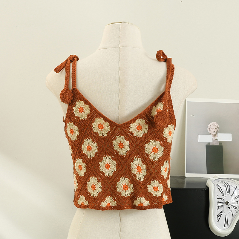 Haut court sans manches en Crochet pour femmes, broderie florale, à lacets, plage, douce, pour filles, débardeur de Style français, livraison directe
