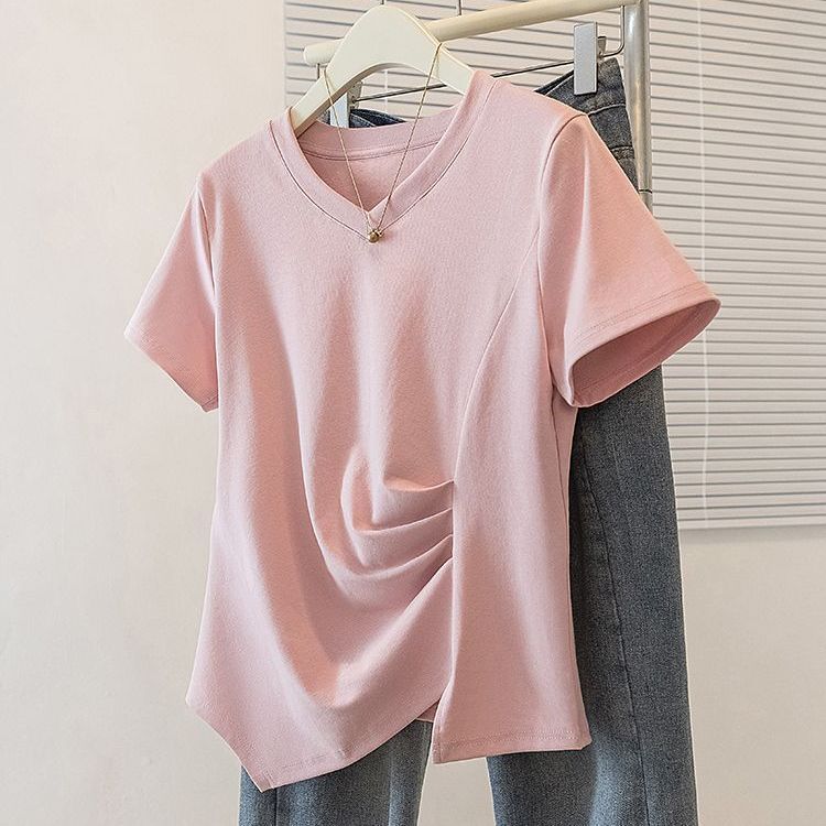 Vêtements pour femmes de grande taille, printemps et été, nouveau t-shirt décontracté ample et fin à plis irréguliers à l'intérieur et à l'extérieur, à manches courtes