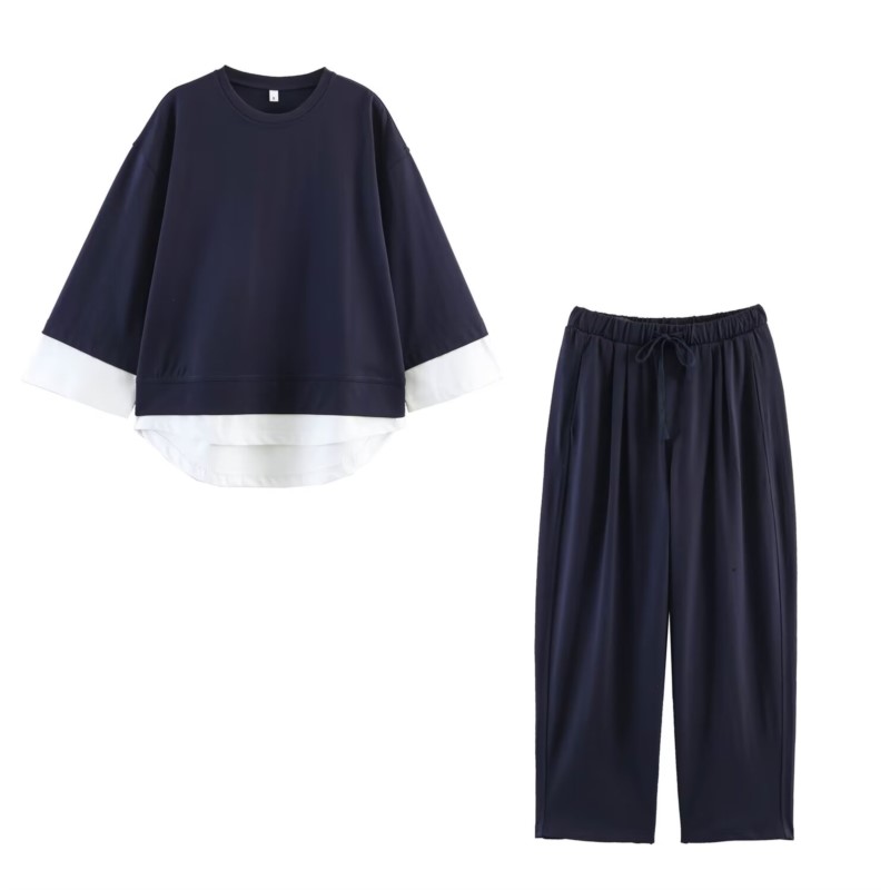 Ensemble pantalon femme été col rond manches courtes haut contrastant taille élastique pantalon sarouel à lacets décontracté mode 2 pièces