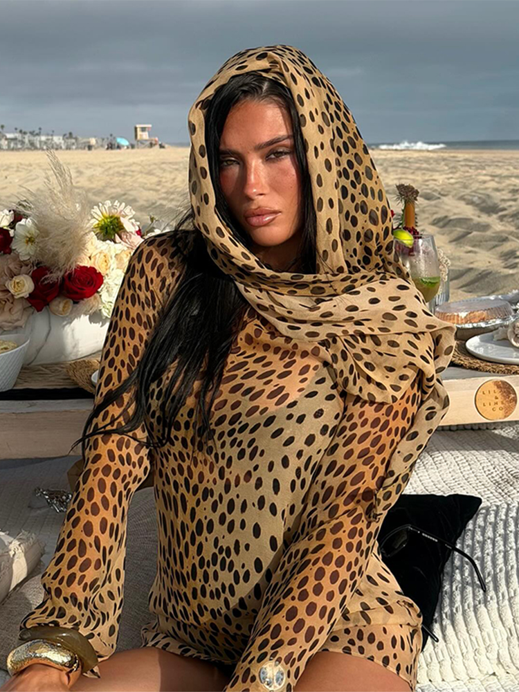 Robe courte transparente à imprimé léopard vintage pour femmes, col écharpe, manches longues, robes féminines, robes de vacances pour femmes été 2026