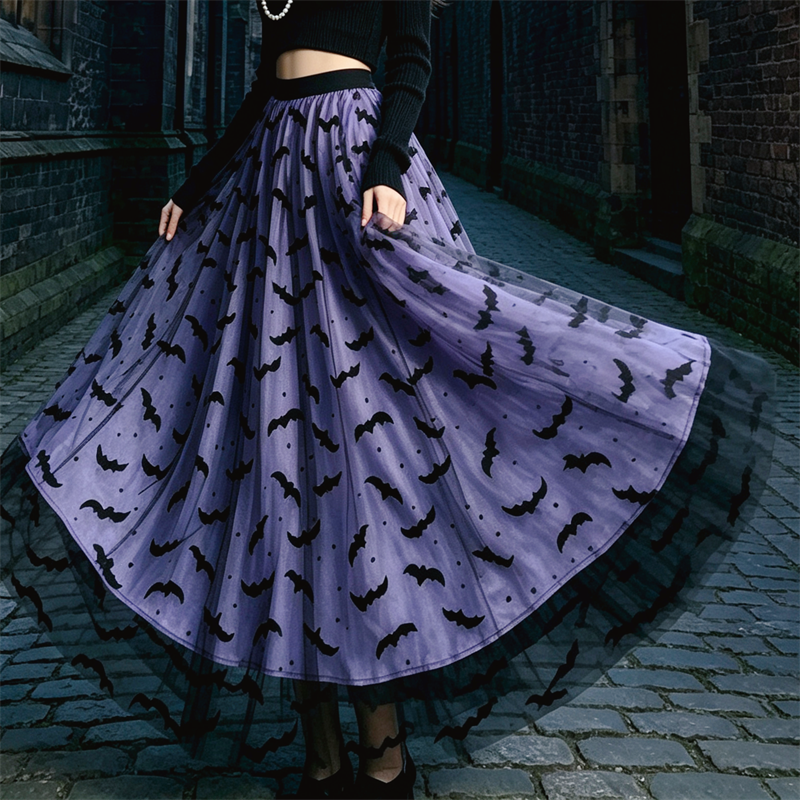 KAROFI Jupe longue en tulle pour femmes, style gothique, imprimé chauve-souris, taille haute, coupe A-line, ourlet en dentelle noire, jupe pour fête d'Halloween