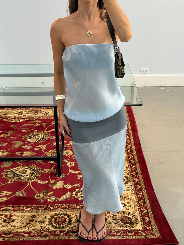 Kliou Soyeux Élégant Longue Robe Femme Sexy Wrap Poitrine Dos Nu Sans Manches Patchwork Taille Haute Robe Minuit Prom Party