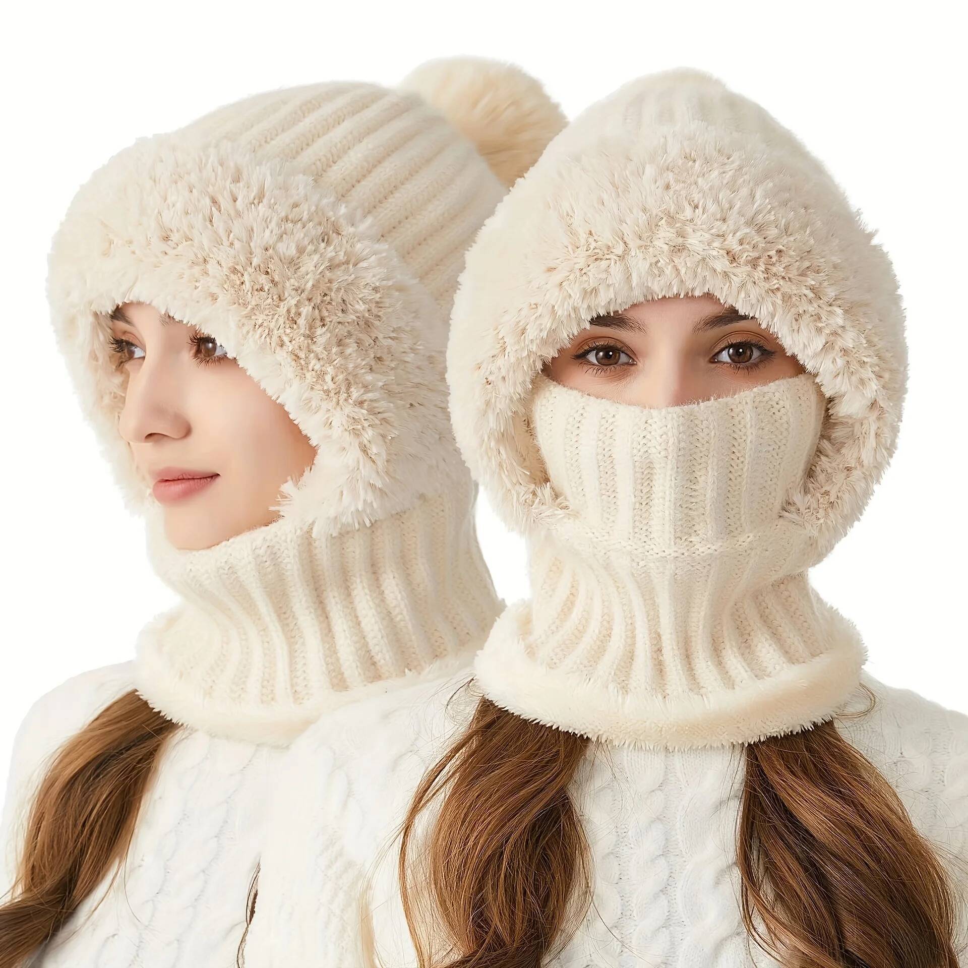3 en 1 bonnet avec écharpe et masque hiver chaud femmes tricoté bonnet chapeau polaire doublé hiver écharpe masque ensemble casquettes de neige chapeaux