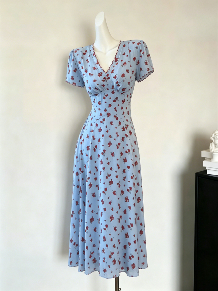 Robe mi-longue en mousseline de soie à col en V à manches bouffantes pour femmes, robe florale vintage, dentelle élégante, robe de soirée coréenne, robes d'automne pour femmes, 2024