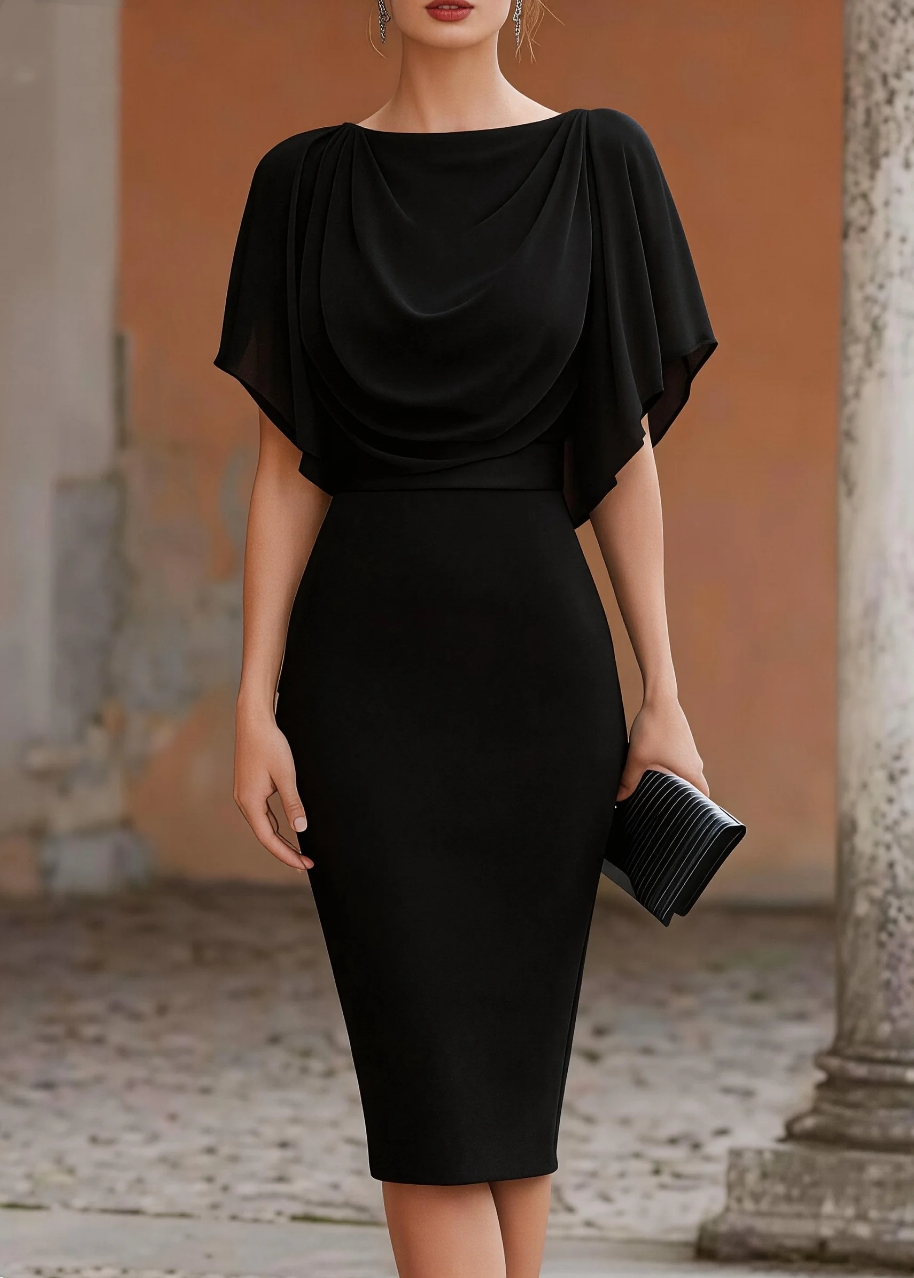Robe midi à manches courtes pour femme, col bénitier, haut drapé style cape, jupe moulante, élégante pour soirée, cocktail ou occasion spéciale