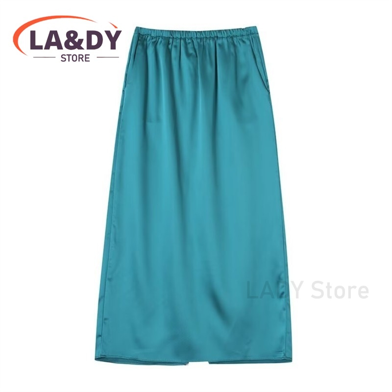 Ensemble chemise boutonnée élégante en satin et jupe midi pour femme, tenue deux pièces à manches longues pour le bureau ou les soirées