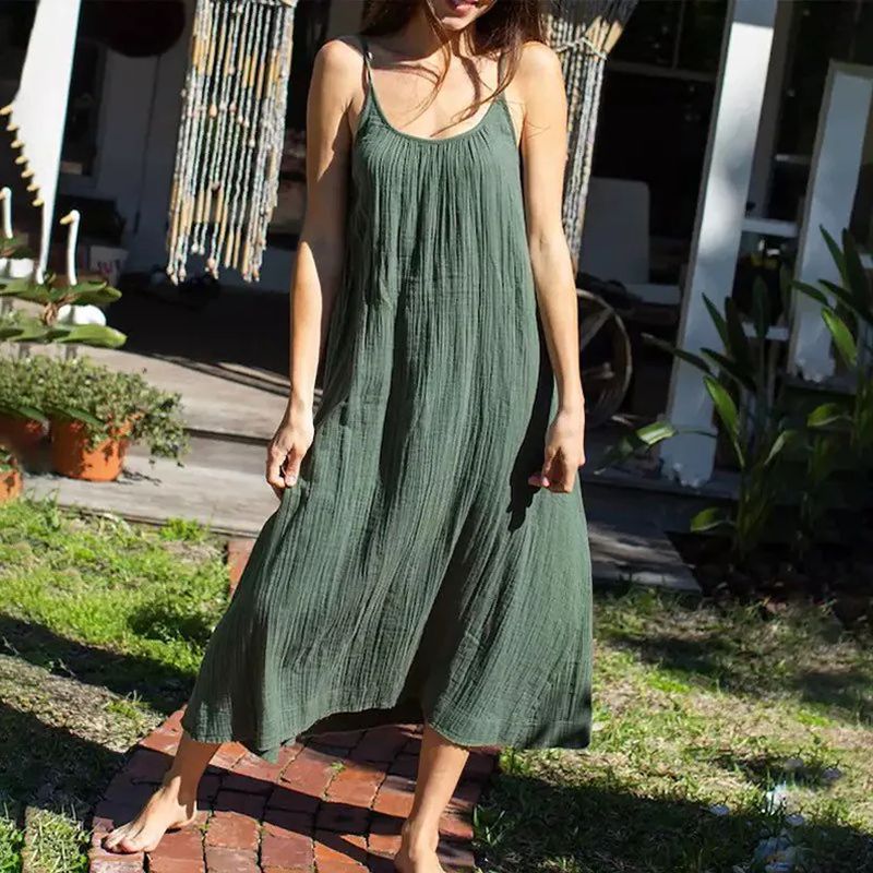 Robe longue décontractée 100% coton pour femmes, ample, couleur unie, sans manches, dos nu, Streetwear, élégante, été