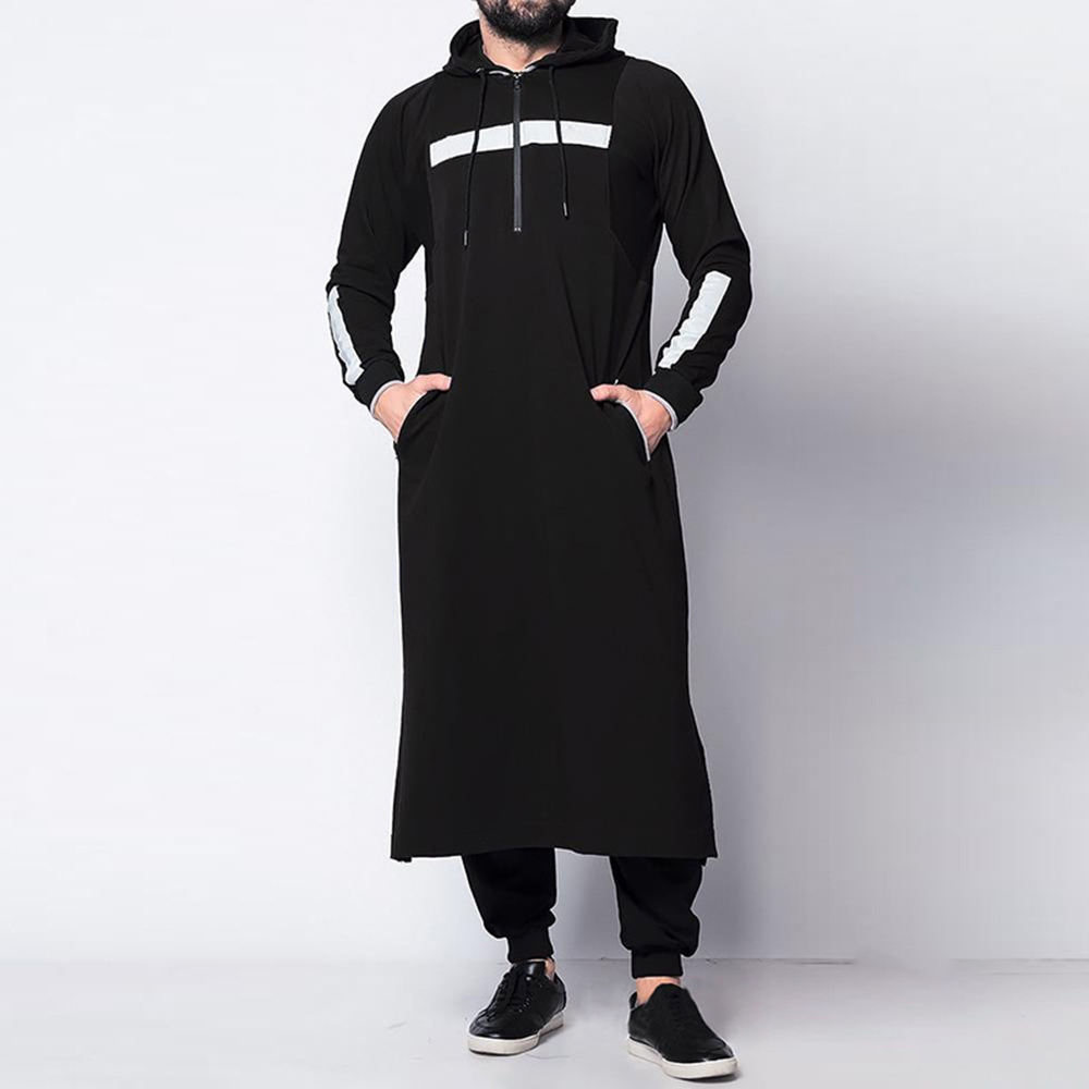 Hauts musulmans pour hommes, vêtements arabes islamiques du moyen-orient, amples, rayés, manches longues, poches avec cordon de serrage, Robe à capuche pleine longueur