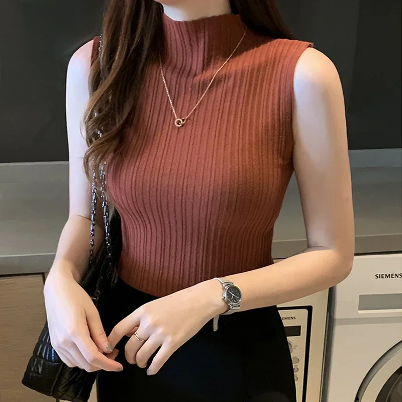 Mode femmes tricoté gilet couleur unie sans manches col mi-haut mince Base Camisole débardeur décontracté tricots été Streetwear