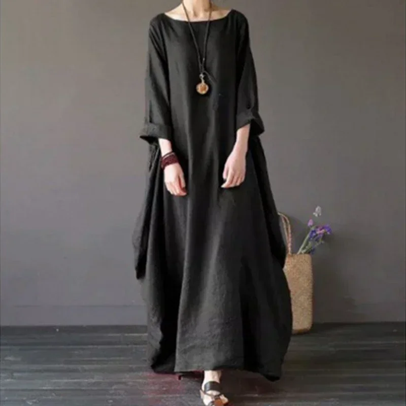 Robe d'été fine en coton et lin pour femmes, manches longues, style Boho, couleur unie, caftan Vintage