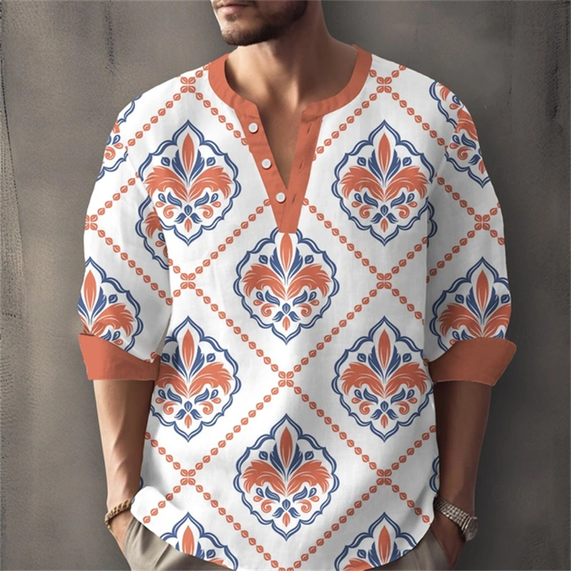Chemise à manches longues pour homme pour les vacances d'été, avec un imprimé géométrique bicolore et un col Henley ; Chemise élégante pour homme.