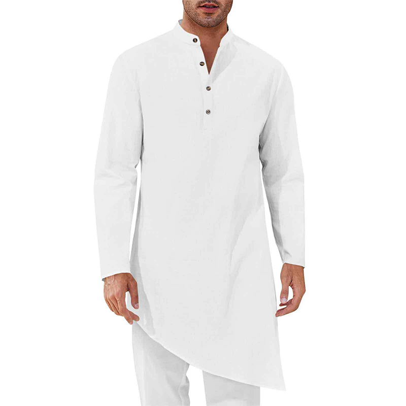 Chemises à manches longues pour hommes musulmans, col mandarin, ourlet irrégulier, couleur unie, vêtements décontractés de style Dubaï, abaya islamique, vêtements ethniques, tailles S-3XL