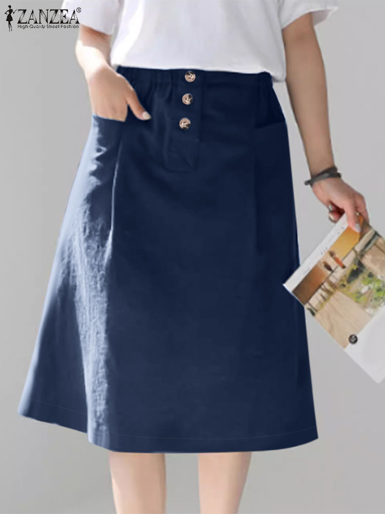 ZANZEA-Jupe trapèze longueur genou pour femme, élégante, couleur unie, décontractée, élastique, taille haute, 03/2024