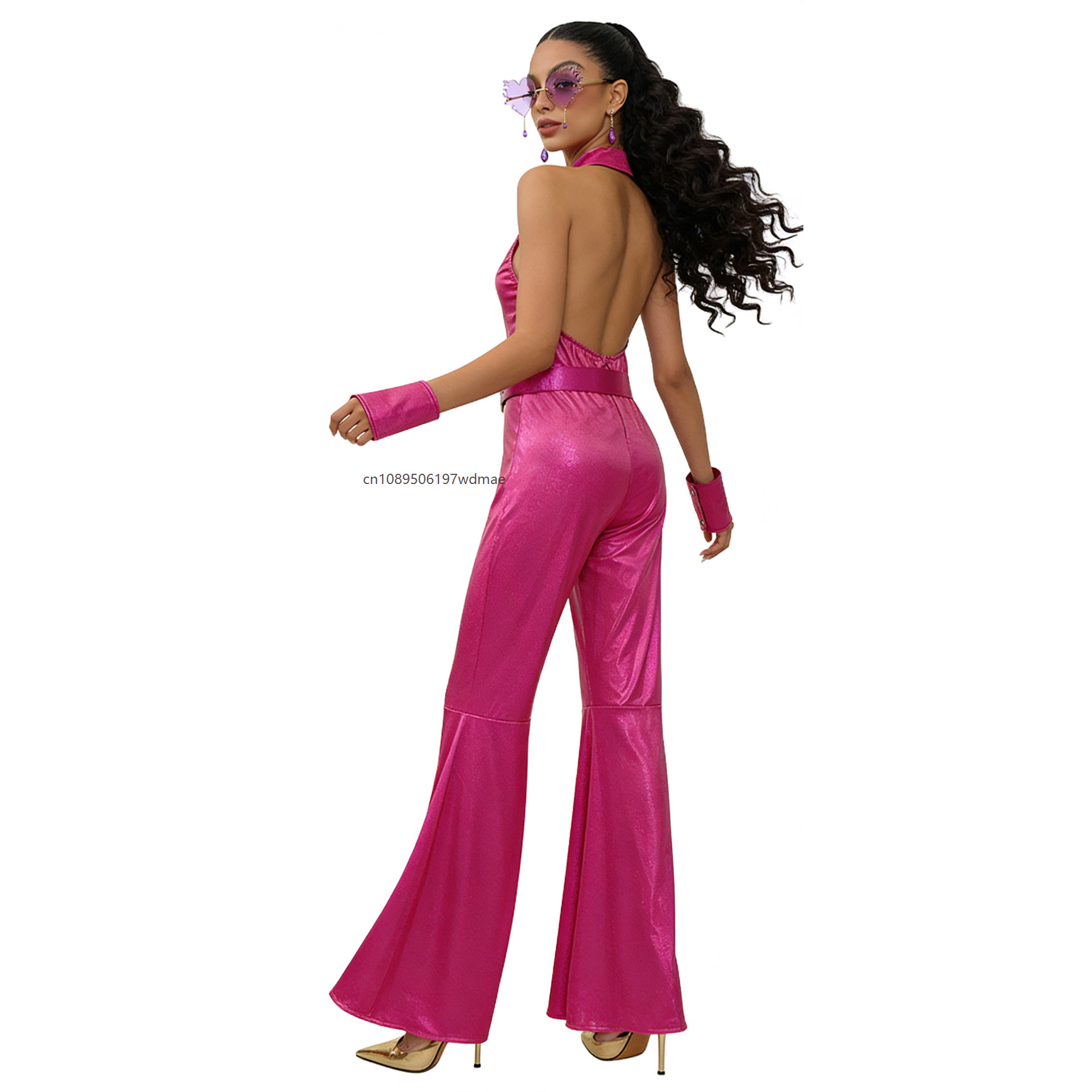Costume de fête hippie, tenue disco cool, vêtements rétro pour femmes, masque, pantalon évasé hip-hop, combinaison pour performance de scène en boîte de nuit