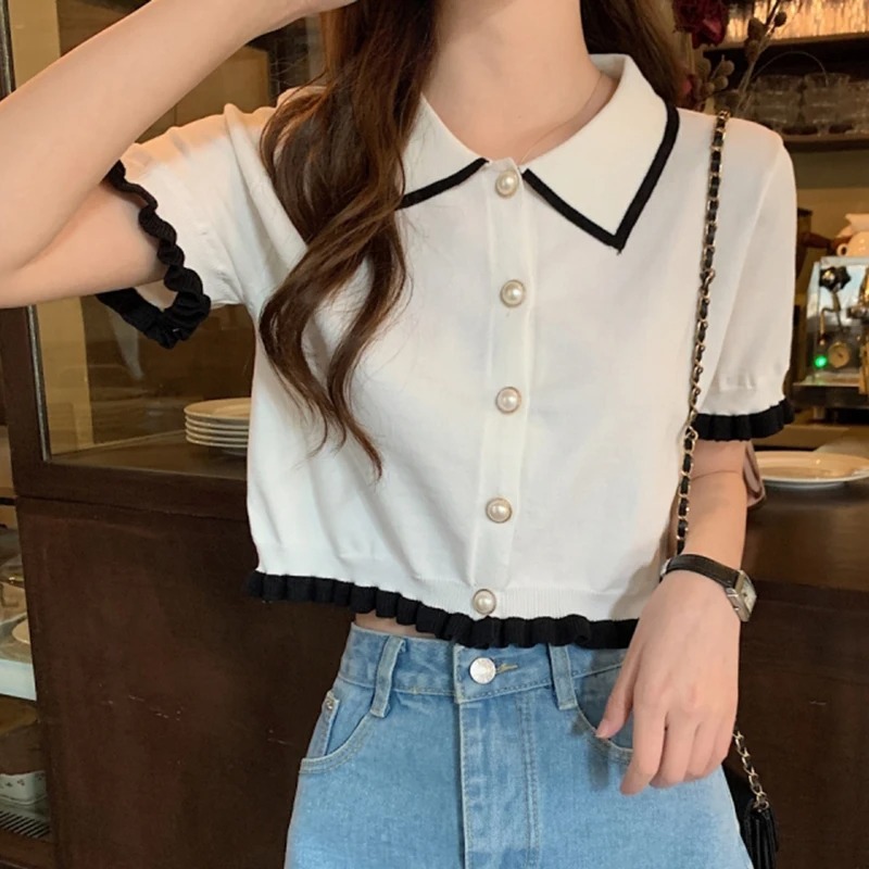 Chemisier Femme Tricoté à Manches Courtes avec Col Boutonné et Volants, Boutons Perle, Style Chic Français, Haut Court d'Été