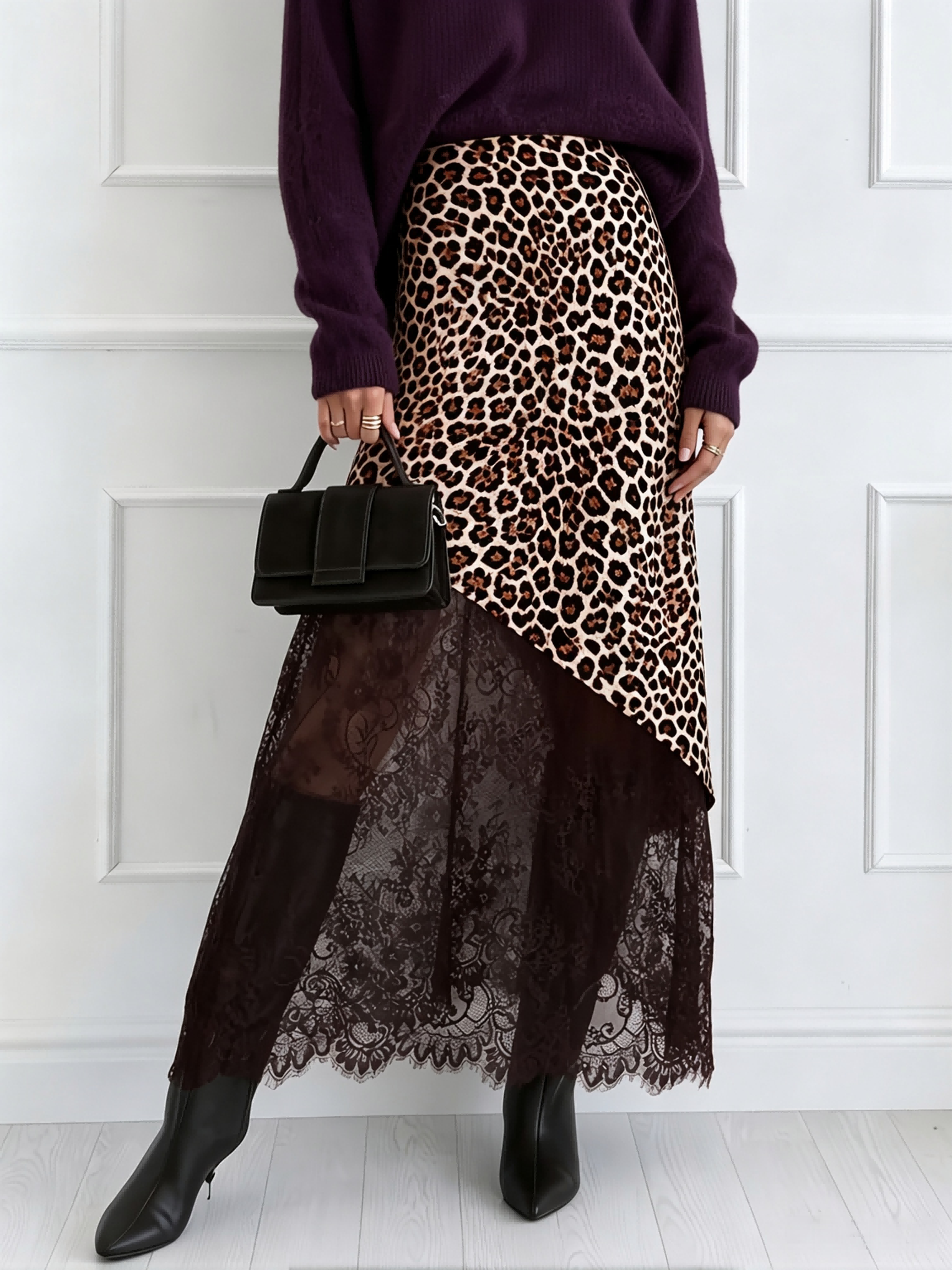 Jupe asymétrique à imprimé léopard pour femmes, taille haute, avec empiècements en dentelle, jupe longue vintage élégante, coupe A-line, longueur midi.