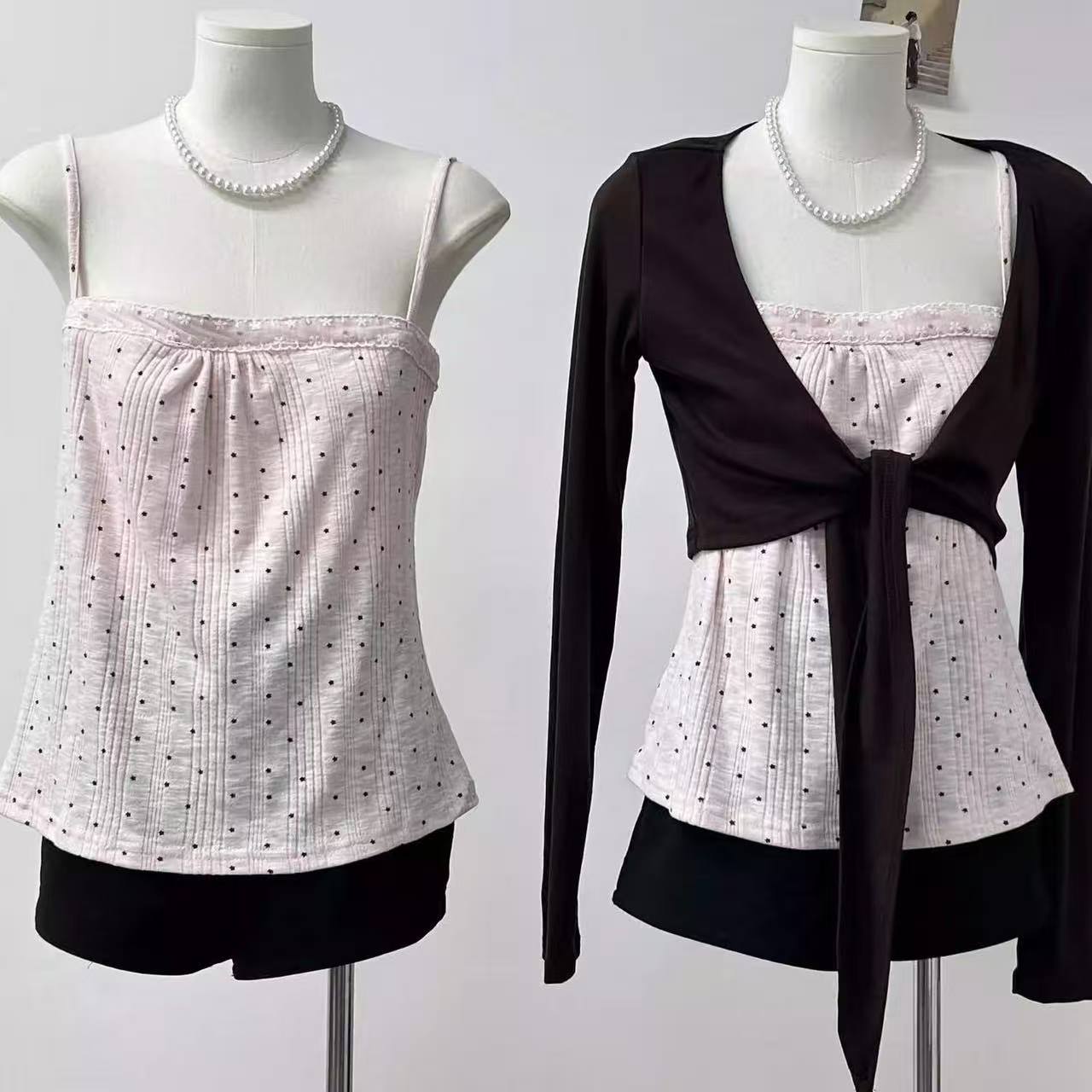 Mode coréenne 2 pièces ensemble Design à manches longues Cardigan court mince Camisole à pois gilet hauts costume décontracté Chic