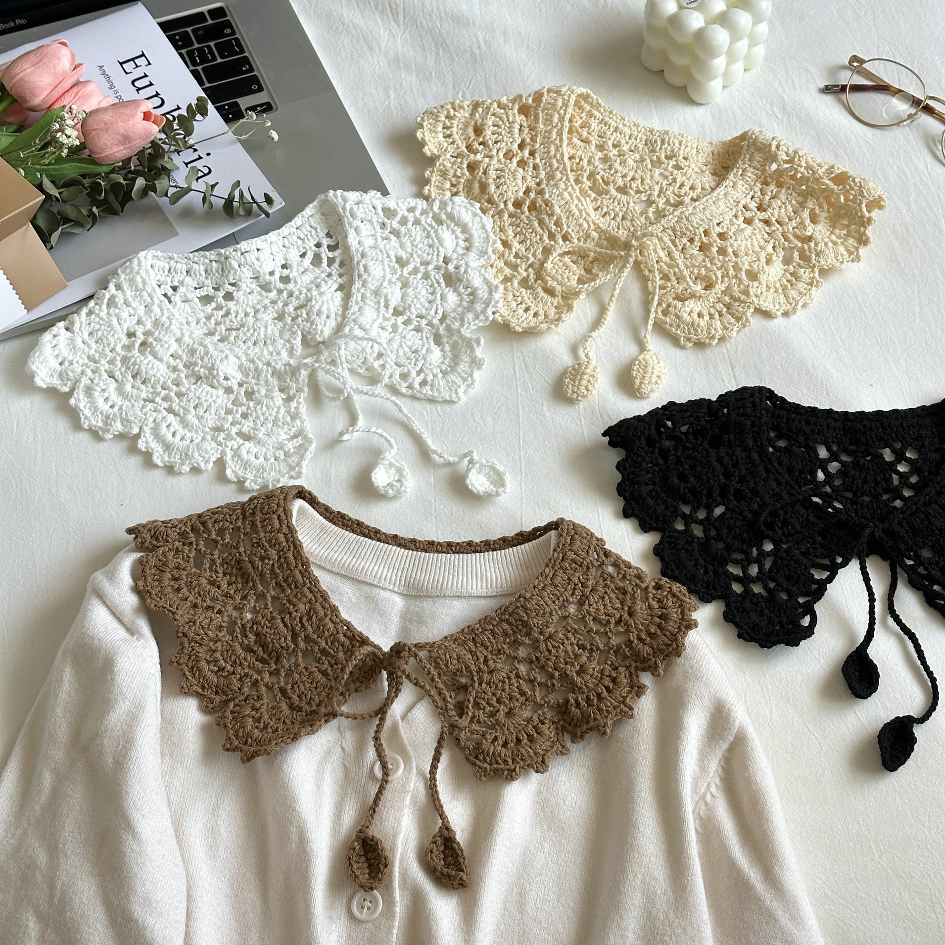 Printemps coréen vêtements chauds creux tricoté châle oreille en bois artistique rétro épaule tout assorti faux col écharpe pour femmes