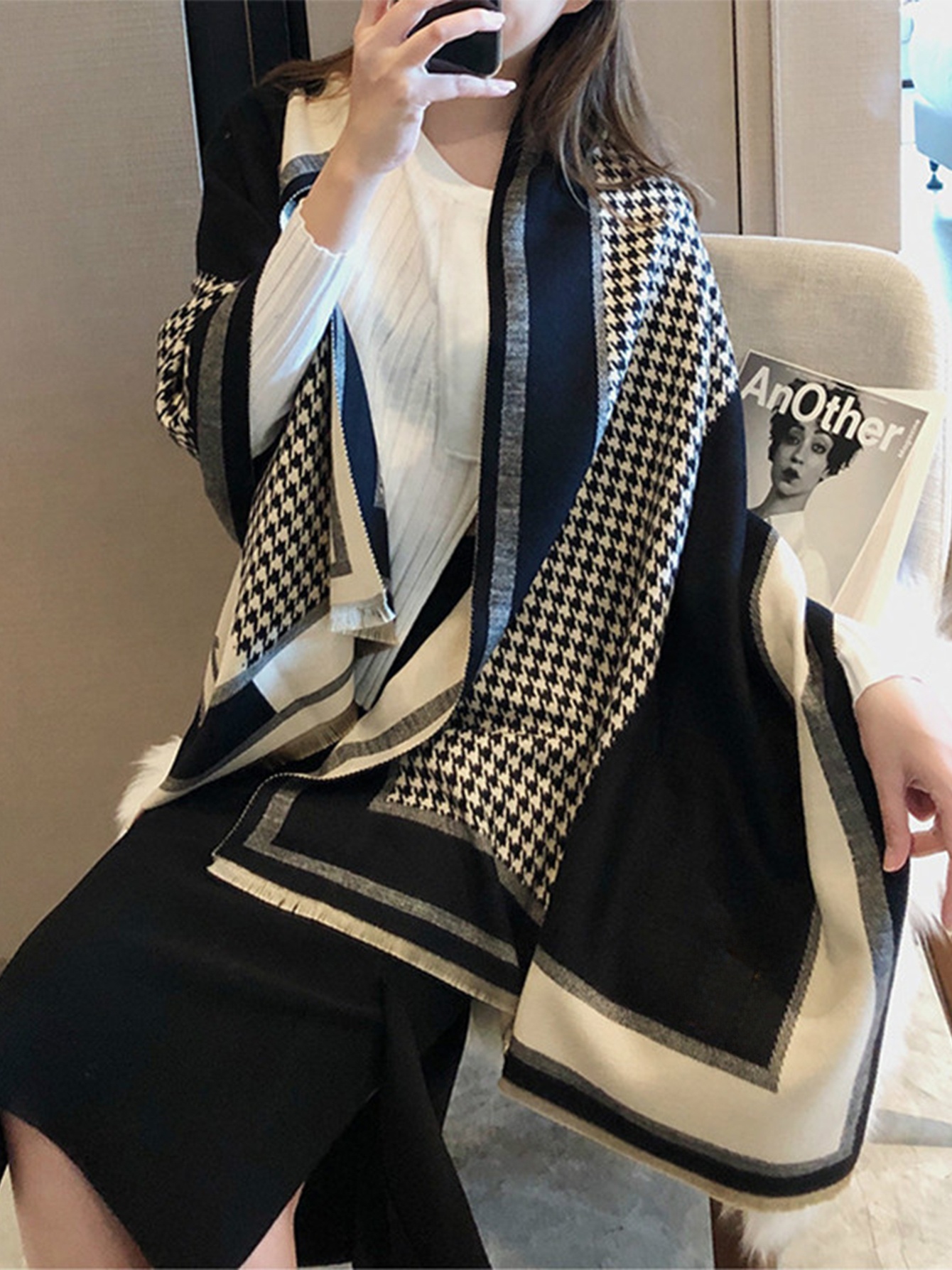 Écharpe noire Premium pour femmes, à la mode, Style coréen, polyvalente, chaud, chauffe-cou, grand Pashmina, vêtements d'extérieur, haut de gamme, hiver 2023