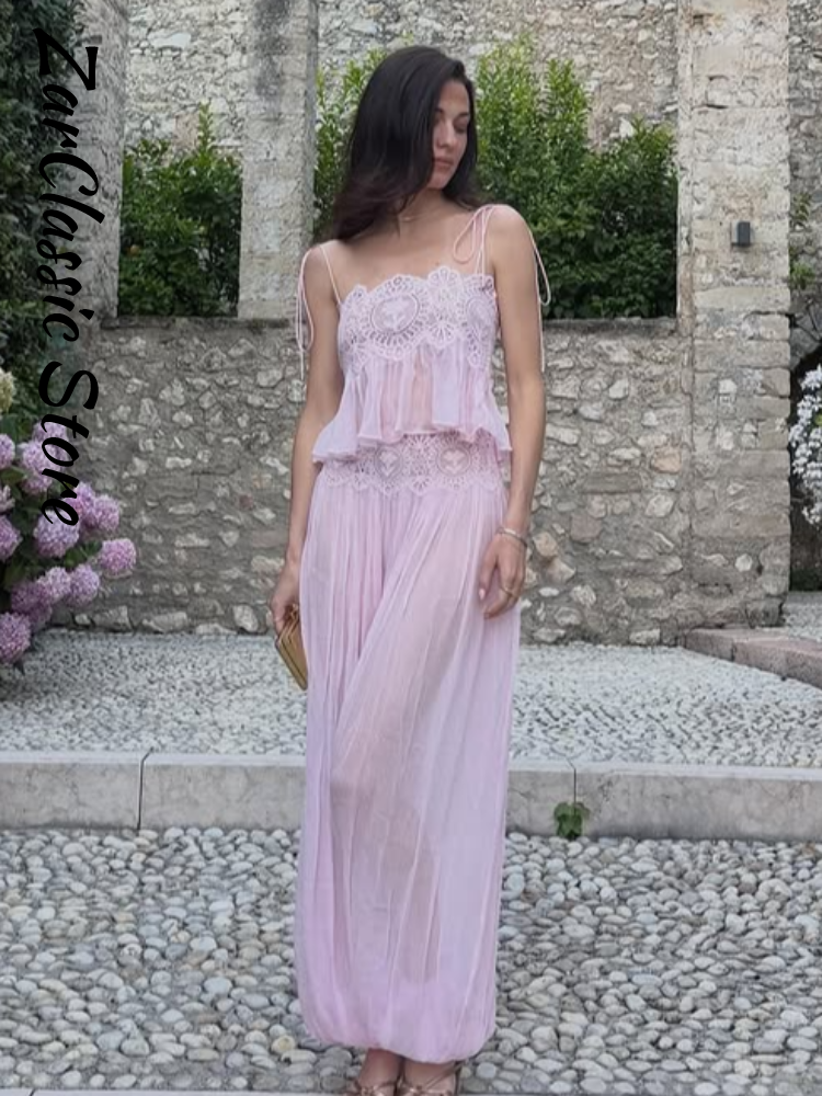 Ensemble femme en dentelle rose plage, débardeur transparent à bretelles et pantalon plissé à jambes larges, tenue décontractée pour les vacances, nouvelle collection