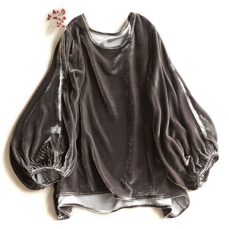 Femmes Vêtements Ropa Mujer Chemises pour 2026 Vintage Lâche Col Rond Or Velours Lanterne Manches T-shirts Chemise