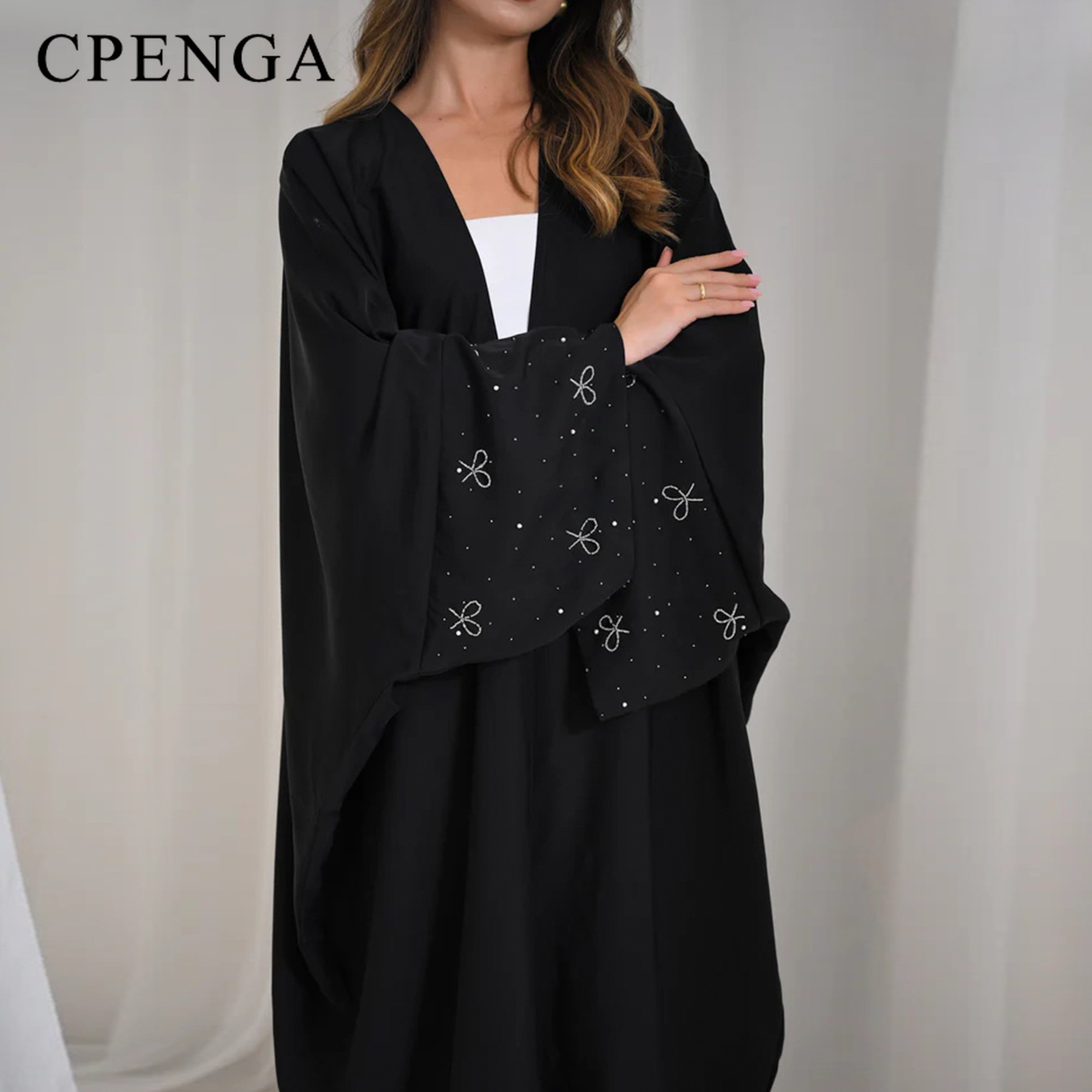 Abaya de luxe de dubaï avec nœud perlé, robe modeste pour femmes musulmanes, élégant, couverture ouverte sur le devant, Cardigan à la mode, tenue turque unie