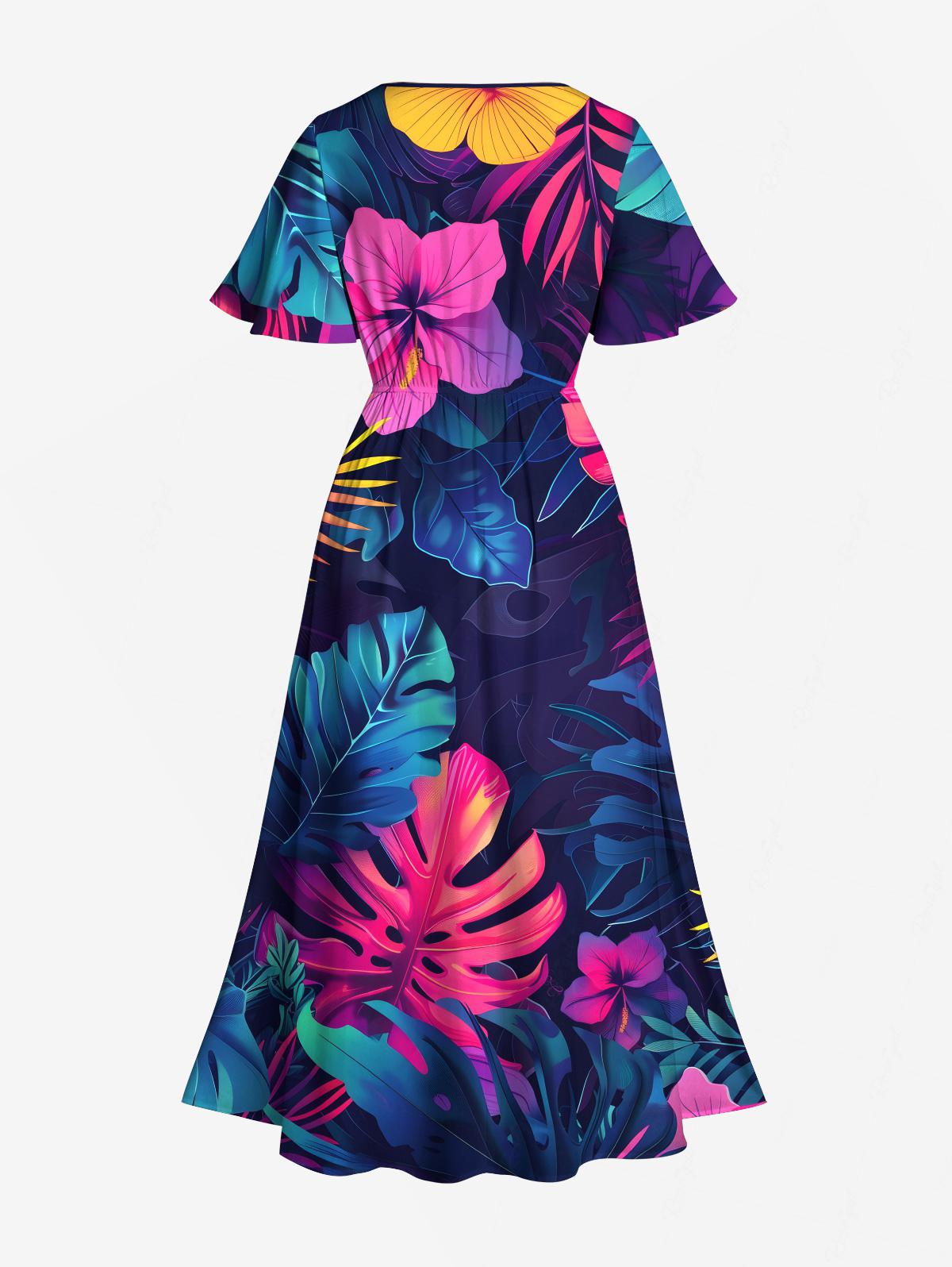 Robe midi pour femme, chemise à boutons avec imprimé de feuilles tropicales et de fleurs d'hibiscus pour homme, ou tenue de plage assortie pour couples à Hawaï
