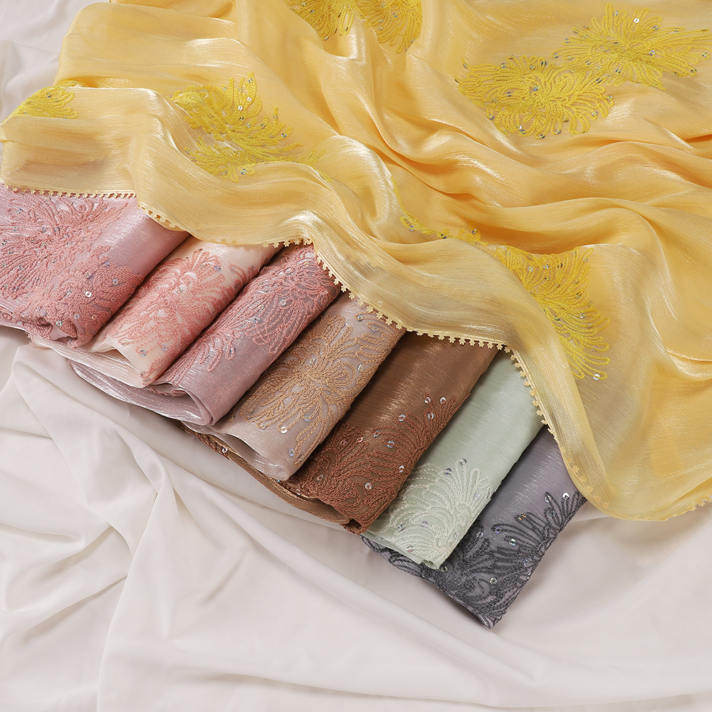 Hijab Modeste en Organza Pailleté avec Broderie Papillon et Bordure de Paillettes, Foulard Musulman, Châle de Mariage pour le Ramadan