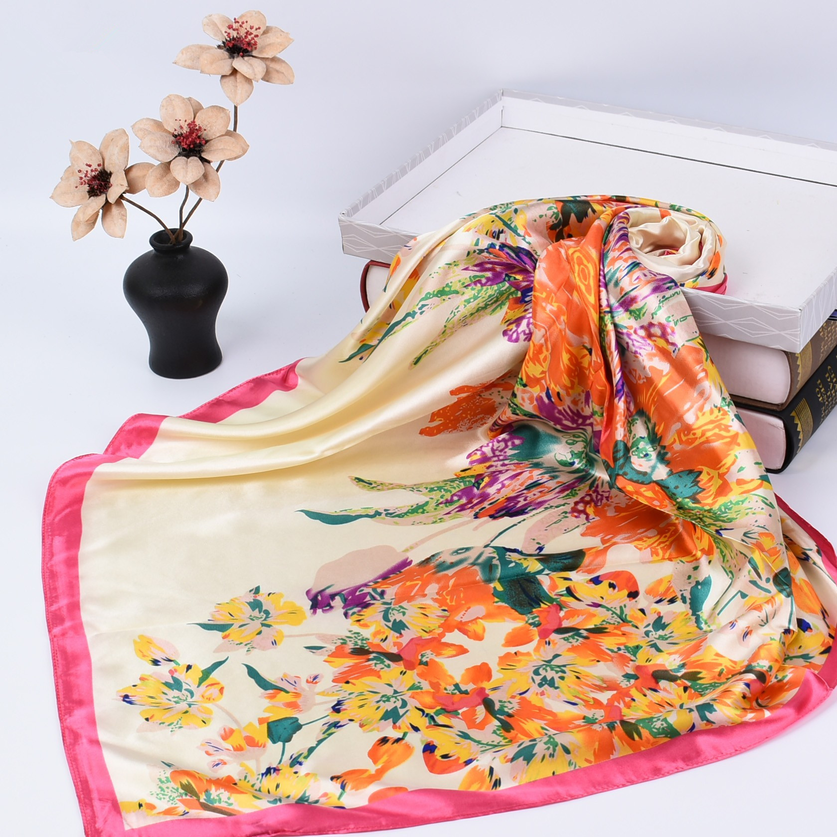 Foulard Carré en Soie de Luxe pour Femme, Écharpe de Tête Quatre Saisons, Hijab, Bandana, Châle 90*90cm