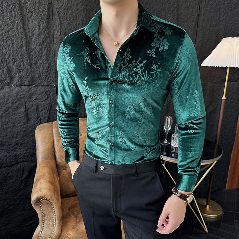 Chemise de luxe en velours et velours pour hommes, Slim, tenue décontractée, fête sociale, smoking, printemps, 2024